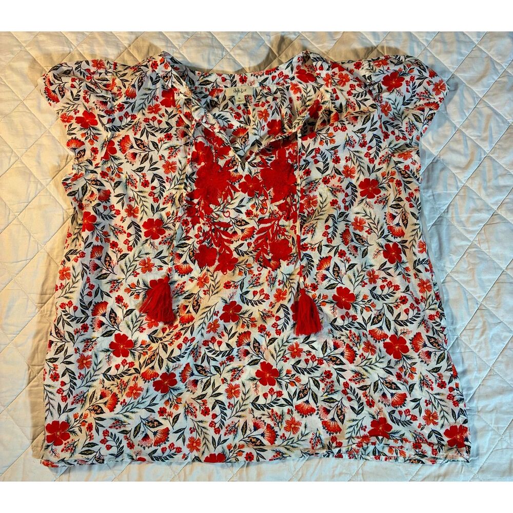 Women's XL Embroidered Boho Blouse White-Red Floral-Tassels in Cotton
